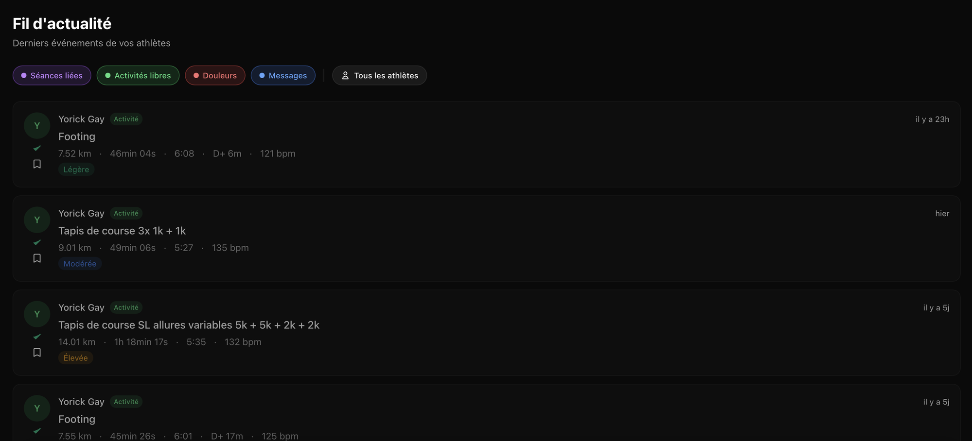Fil d'actualité Kopilo — activités, douleurs, messages